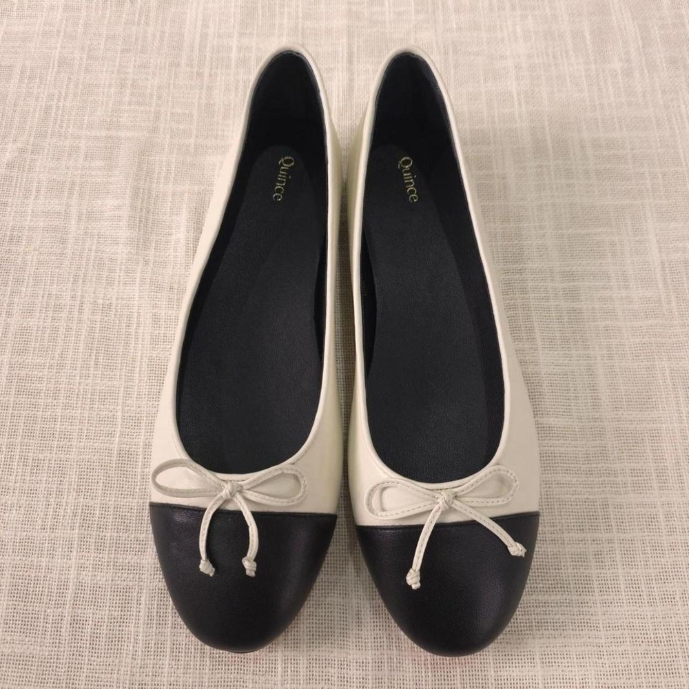 Quince Italian Leather Cap-Toe Ballet Flat - Bone/Black/ Size 8